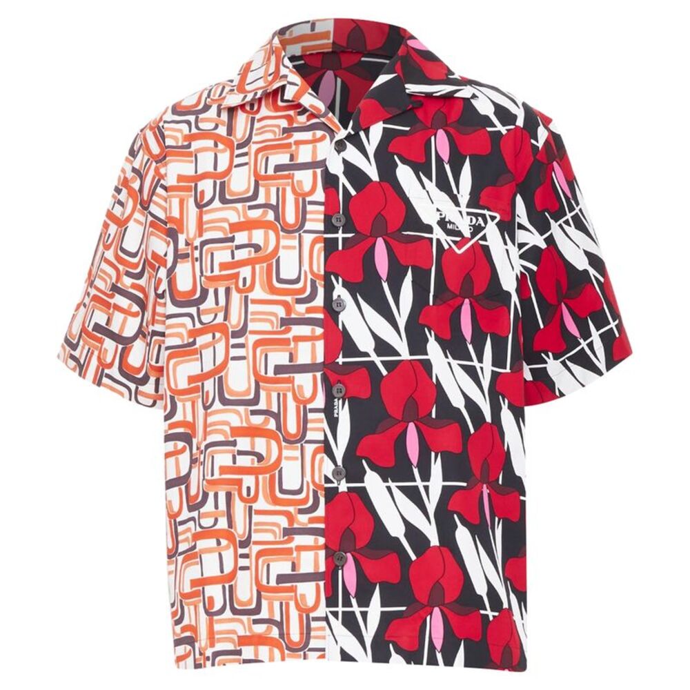 PRADA 2021 Runway Double Match geometric iris red floral split bowling shirt M